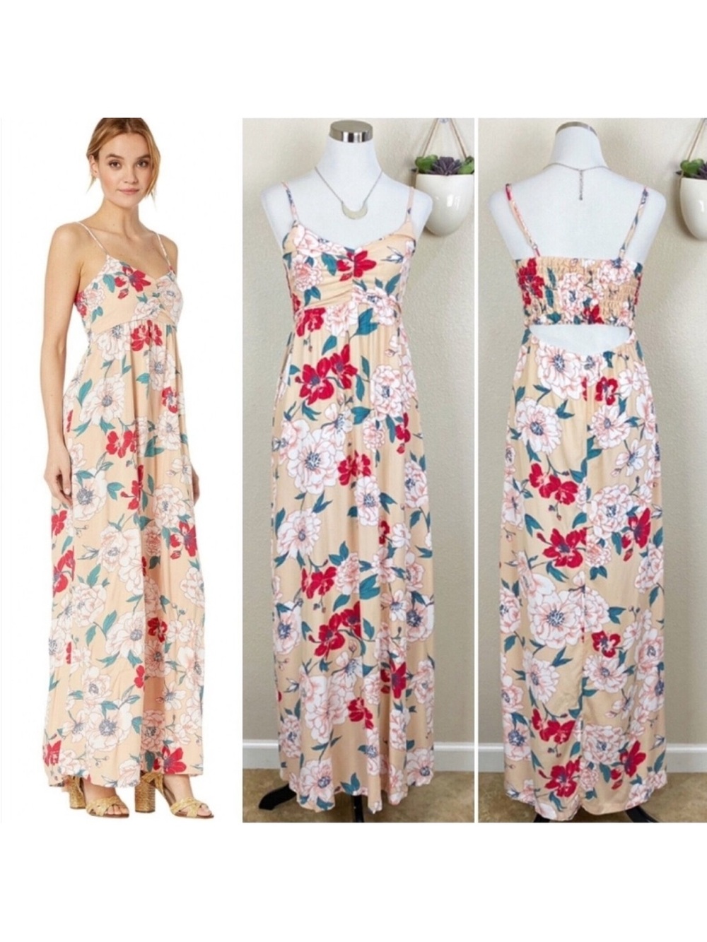 Roxy cream floral print Hawaiian maxi dress back cut out white red pink